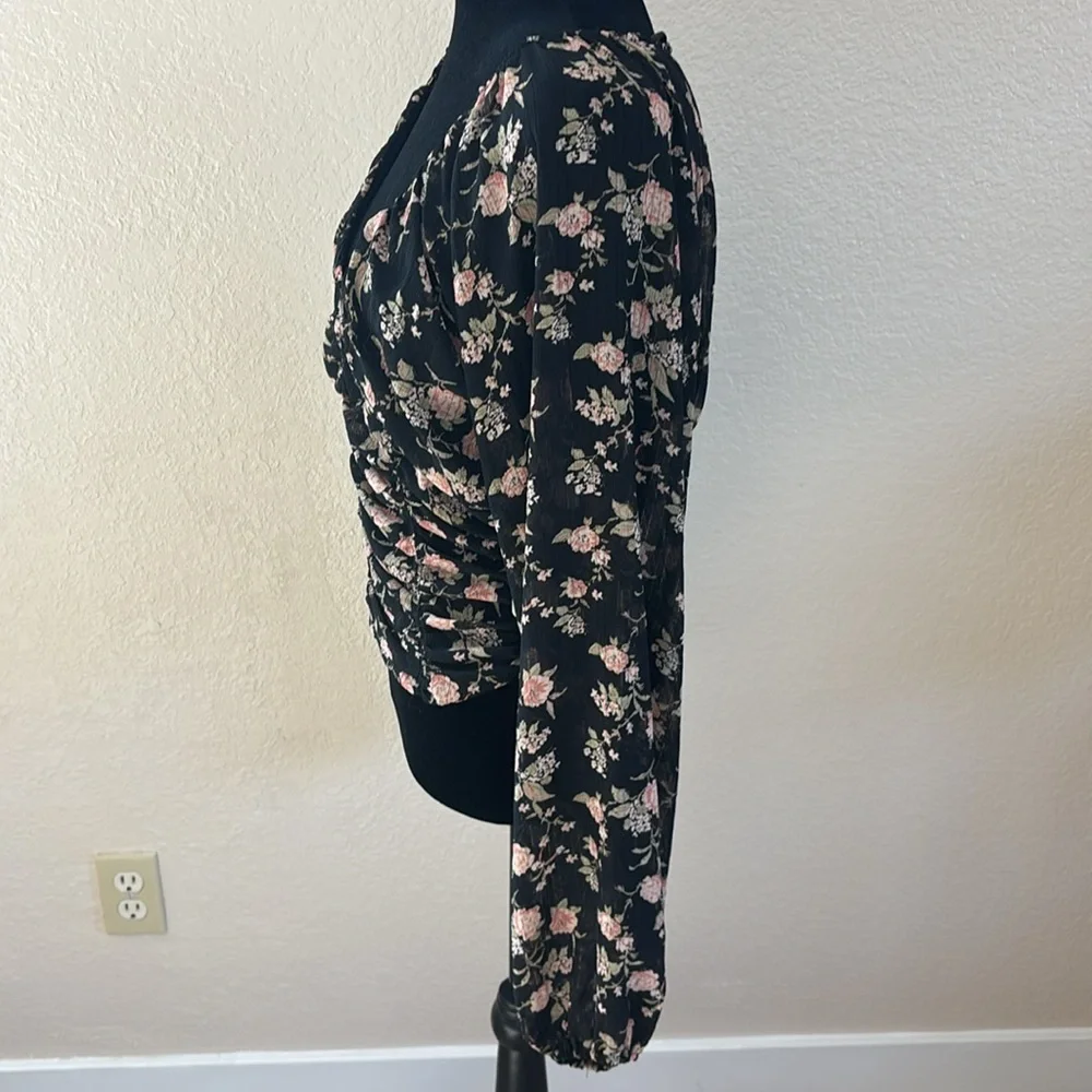 NWT Free People Final Rose Blouse Black Multi Color Floral Print 0087